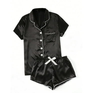 Womens Silk Satin Pajama Sets Soft Short Sleeve Button Down Sleepwear Top And Shorts 2 Piece Pjs Lounge Set Black M