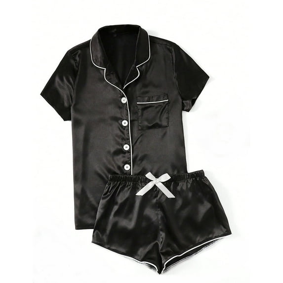 Womens Silk Satin Pajama Sets Soft Short Sleeve Button Down Sleepwear Top And Shorts 2 Piece Pjs Lounge Set Black S