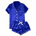 thumbnail image 1 of Womens Silk Satin Pajama Sets Soft Short Sleeve Button Down Sleepwear Top And Shorts 2 Piece Pjs Lounge Set Blue XL, 1 of 4