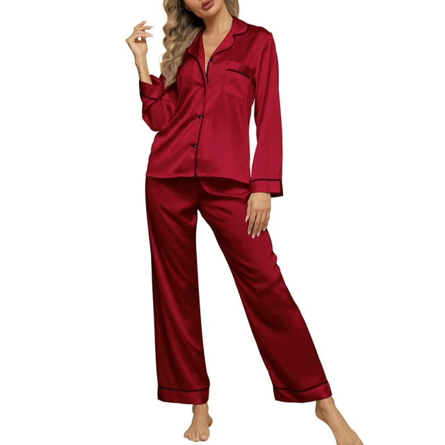 Womens Silk Satin Pajama Sets with Chest Pockets Notch Collar Two Piece