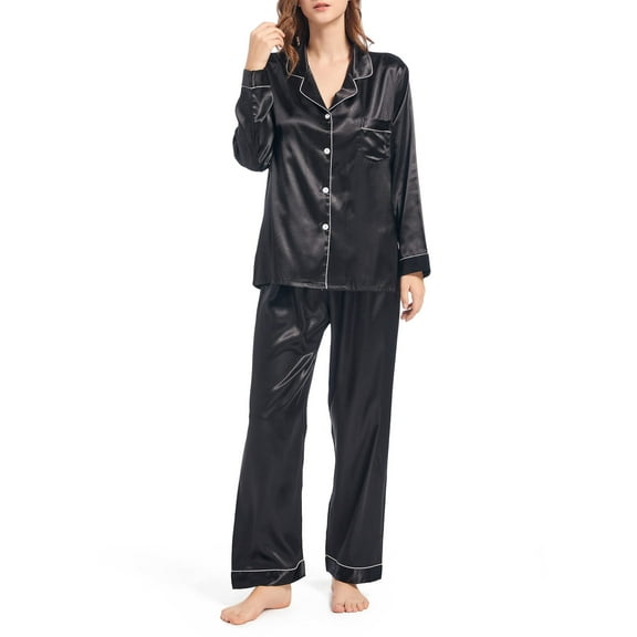 Finvizo Womens Silk Satin Pajamas Long Sleeve Set Two-piece Sleepwear Silky Button-down Nightwear Soft Loungewear Sets, Black L