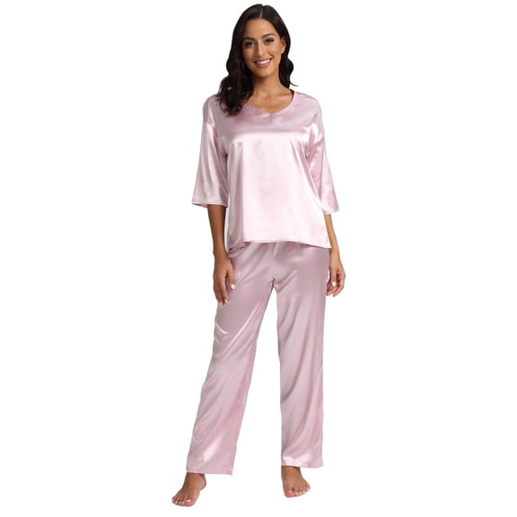 Womens Silk Satin Pajamas Loungewear Two-piece 3/4 Sleeve Long Pants Sleepwear Pj Set