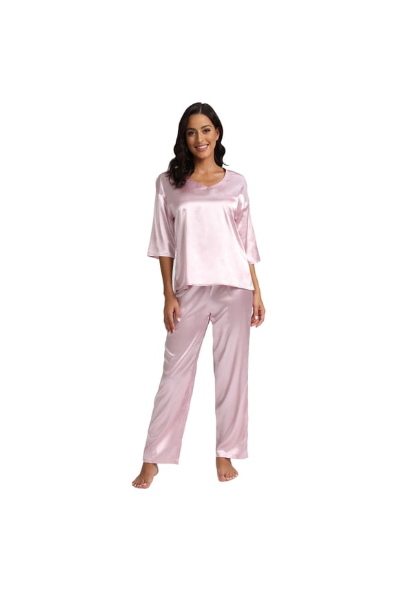Womens Silk Satin Pajamas Loungewear Two-piece 3/4 Sleeve Long Pants Sleepwear Pj Set