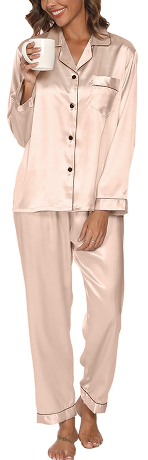 Womens Silk Satin Pajamas, PUTUO 2PC Womens Pajama Sets, Soft Long Sleeve Pajamas for Women Button Down Silk Satin Loungewear Set with Pockets