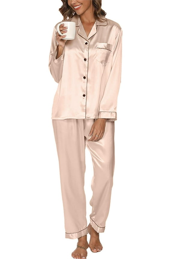 Womens Silk Satin Pajamas, PUTUO 2PC Womens Pajama Sets, Soft Long Sleeve Pajamas for Women Button Down Silk Satin Loungewear Set with Pockets