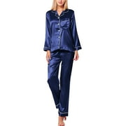 Womens Silk Satin Pajamas, PUTUO 2PC Womens Pajama Sets, Soft Long Sleeve Pajamas for Women Button Down Silk Satin Loungewear Set with Pockets