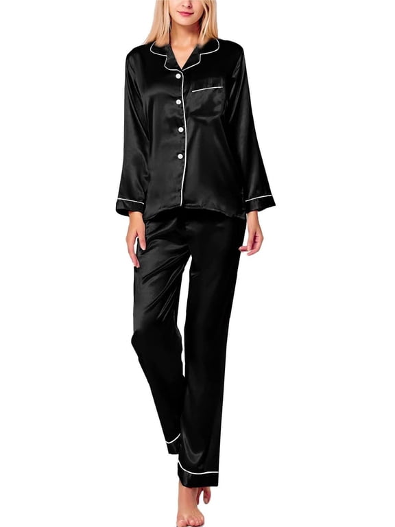 Womens Silk Satin Pajamas, PUTUO 2PC Womens Pajama Sets, Soft Long Sleeve Pajamas for Women Button Down Silk Satin Loungewear Set with Pockets