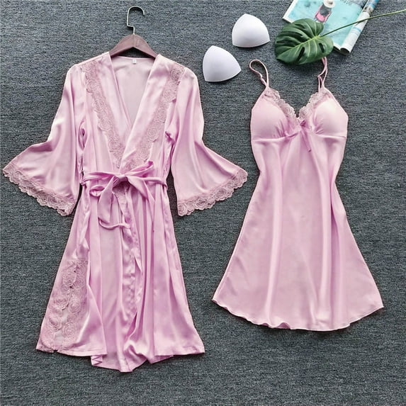 Womens Silk Satin Pajamas Set 2Pcs Fashion Comfortable Solid Color Lace Suspenders Sleepdress Soft Nightgown Home Clothes Suit Pink S