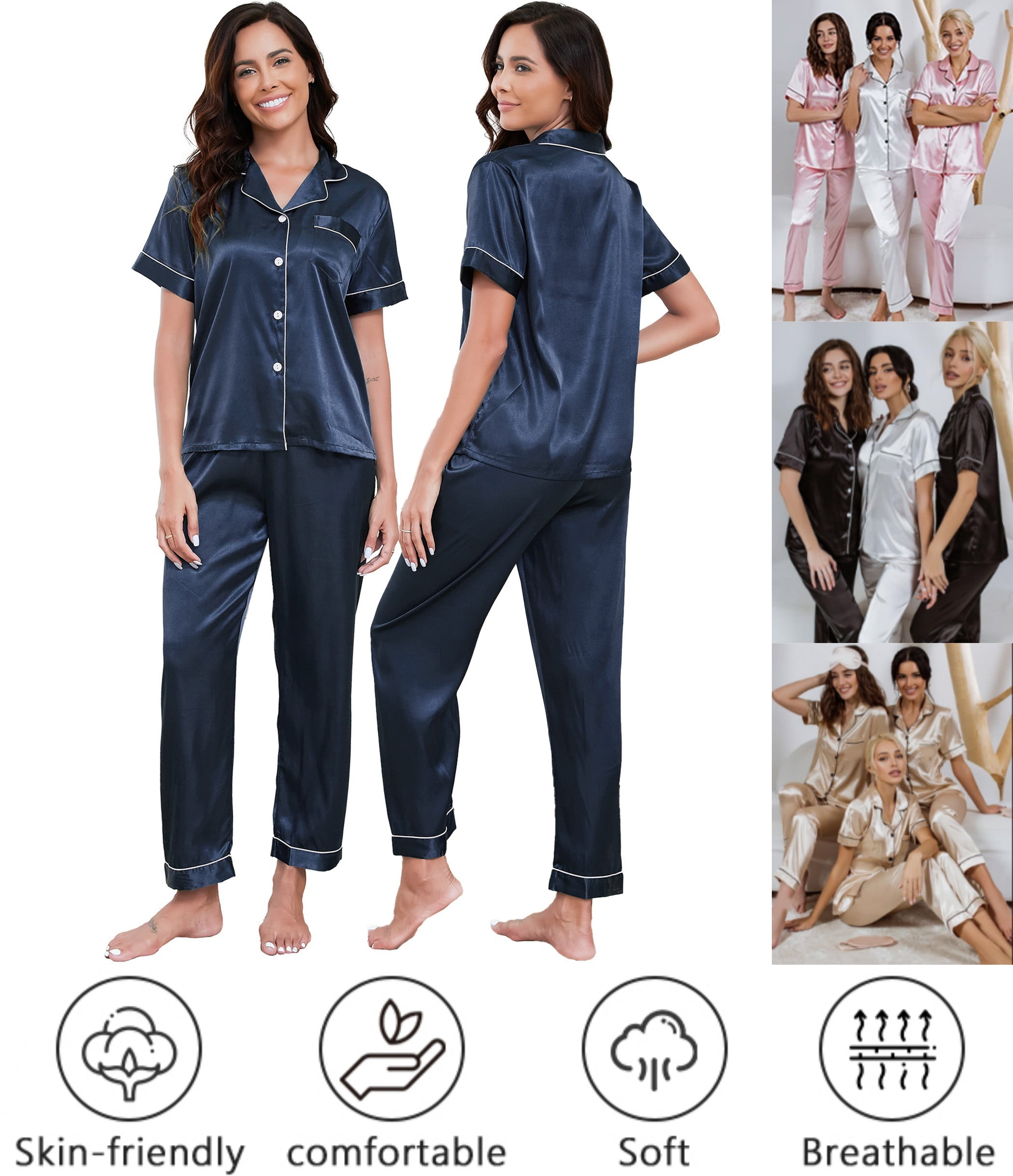 Women's Silk Satin Pajamas Set Long Sleeve Button-Down Sleepwear Loungewear New