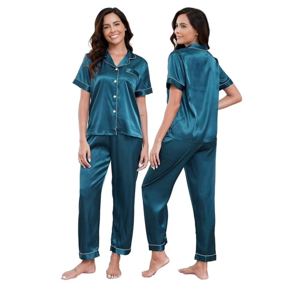 Womens Silk Satin Pajamas Set 2pcs Short Sleeve Button Down Pajama Set Womens Satin Sleepwear Set with Long Pant Womens Soft Loungewear Set, S-XXL