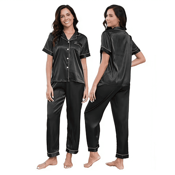 Womens Silk Satin Pajamas Set 2pcs Short Sleeve Button Down Pajama Set Womens Satin Sleepwear Set with Long Pant Womens Soft Loungewear Set, S-XXL