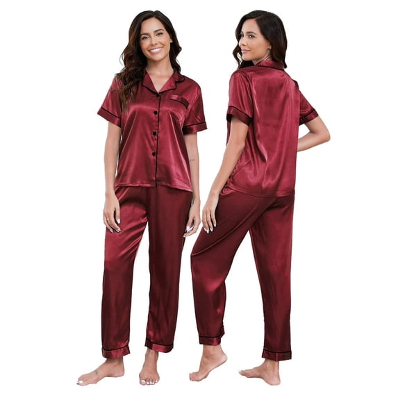 Womens Silk Satin Pajamas Set 2pcs Short Sleeve Button Down Pajama Set Womens Satin Sleepwear Set with Long Pant Womens Soft Loungewear Set, S-XXL