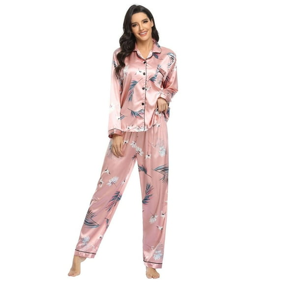 Womens Silk Satin Pajamas Set Floral Print Polka Dot Sleepwear Autumn Spring Silk Satin Loungewear Pajamas Set