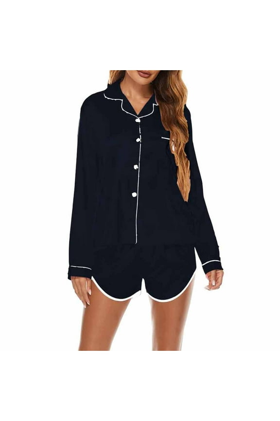 Womens Silk Satin Pajamas Set Long Sleeve Button Down Loungewear Comfy Two-piece Sleepwear Pj Set with Shorts