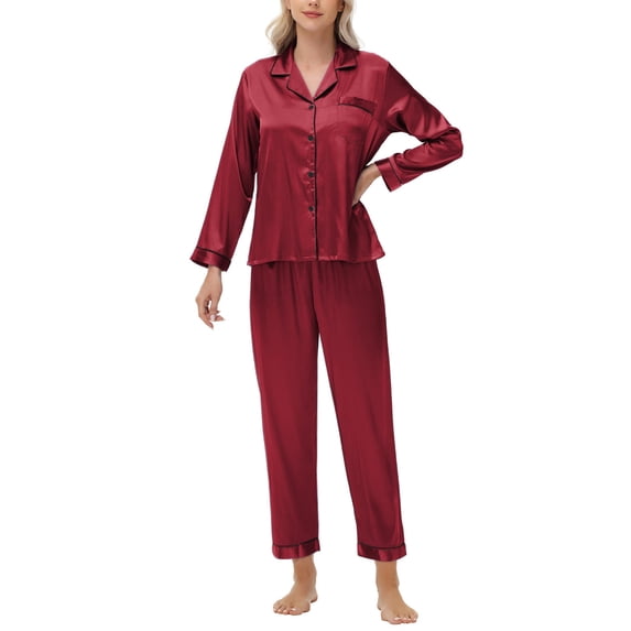 Womens Silk Satin Pajamas Set Long Sleeve Button Down Sleepwear 2 Piece Lounge Set Pj Set