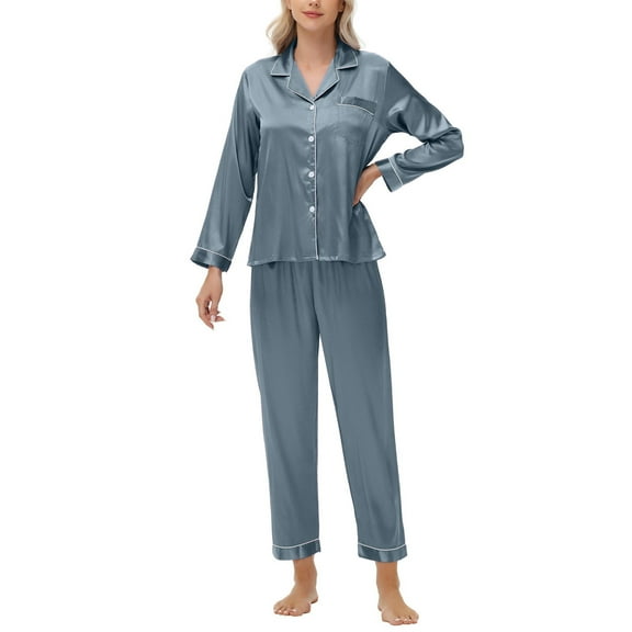 Womens Silk Satin Pajamas Set Long Sleeve Button Down Sleepwear 2 Piece Lounge Set Pj Set