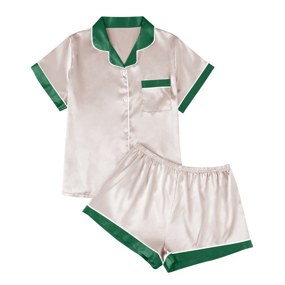 Womens Silk Satin Pajamas Set Short Sleeve Sleepwear Soft Button up Loungewear Two Piece Summer Pjs Sets Beige M