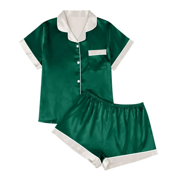 Womens Silk Satin Pajamas Set Short Sleeve Sleepwear Soft Button up Loungewear Two Piece Summer Pjs Sets Green M