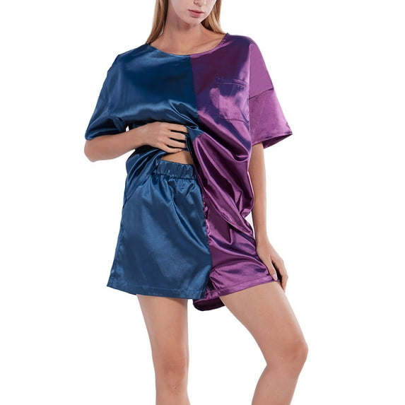 Womens Silk Satin Pajamas Set Short Sleeve Top and Casual Shorts Two-Piece Pjs Silky Soft Sleepwear Nightwear S-2XL