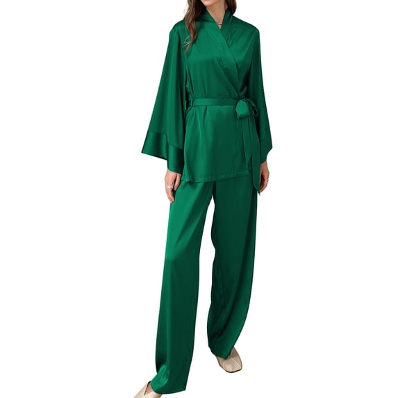 Womens Silk Satin Pajamas Set Solid Silky Pjs Robe Top with Pants Two Piece Sleepwear Soft Nightwear