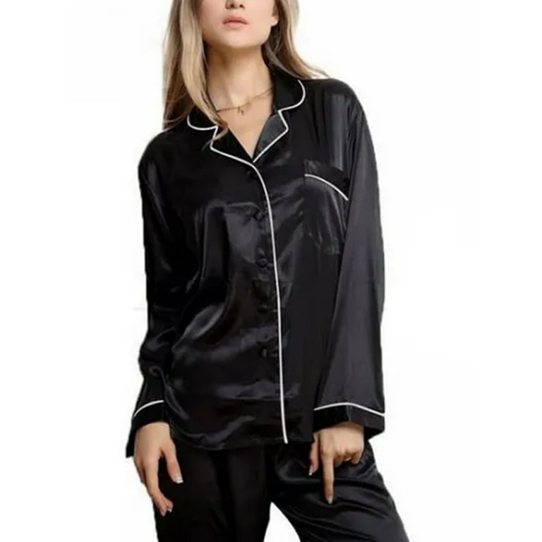 Womens Silk Satin Pajamas Set Two-Piece Pj Sets Button-Down Long Sleeve  Sleepwear Loungewear Nightwear 
