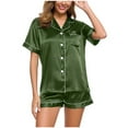 thumbnail image 1 of Womens Silk Satin Pajamas Short Sleeve Sleepwear Solid Half V Neck Button Down Soft Loungewear 2 Piece Pjs Shorts Set Army Green XL, 1 of 6