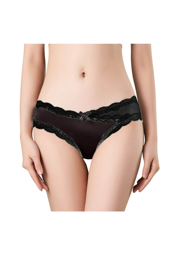 Womens Silk-Satin Panties Sexy Lace Splice See-Through Low Rise Hipster Underwear Ladies Trendy Soft Breathable Solid Stretchy Slimming Briefs