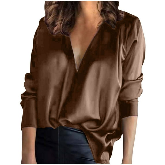 Womens Silk Satin Shirt Sexy Deep V Neck Blouse Long Sleeve Casual Spring Fall Shirt Loose Office Work Tops