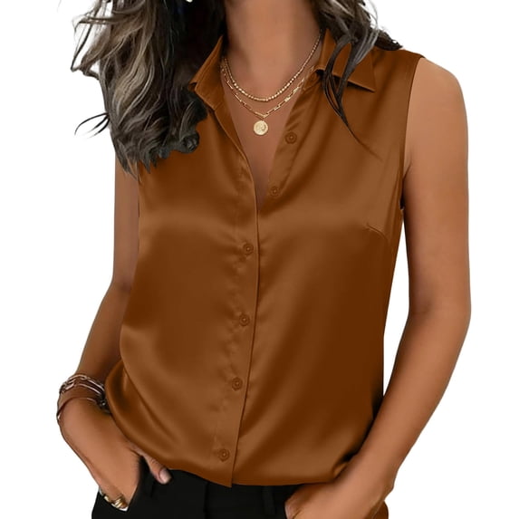 Womens Silk Satin Sleeveless Button Down Shirts Blouses Solid Casual Loose V Neck Classic Tank Tops for Work Office Comfy Tops Brown M