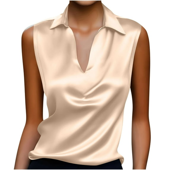 Womens Silk Satin Tank Top Collared V Neck Ruched Dressy Blouses Sleeveless Summer Business Work Shirts Solid Color Tanks
