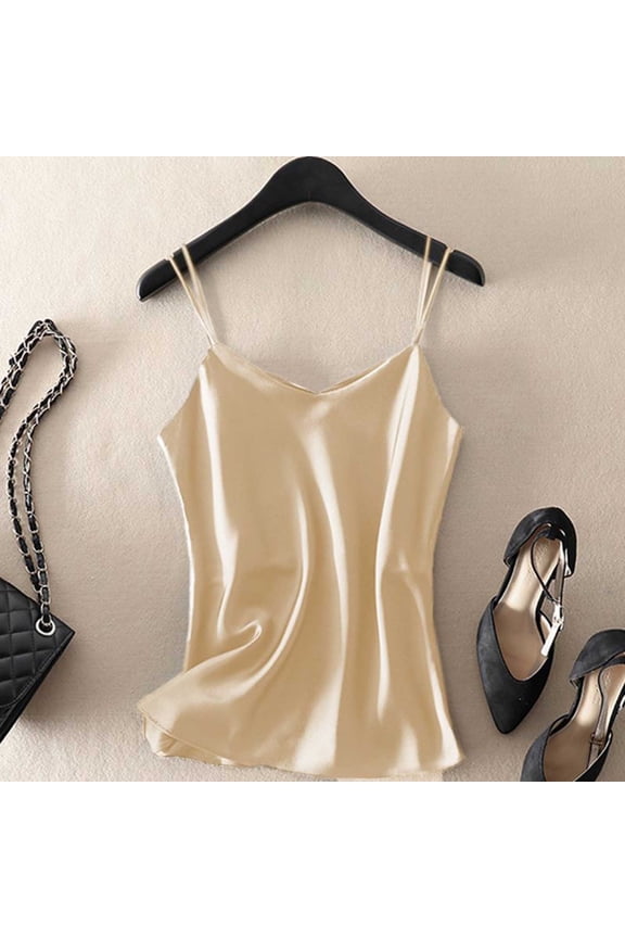 Womens Silk Satin Tank Top V Neck Camisole Cami Spaghetti Strap Top Loose Sleeveless Blouses Summer Basic Tank Shirt