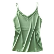 FCHENGTAIS Womens Silk Satin Tank Top V Neck Camisole Cami Spaghetti Strap Top Loose Sleeveless Blouses Tank Shirt