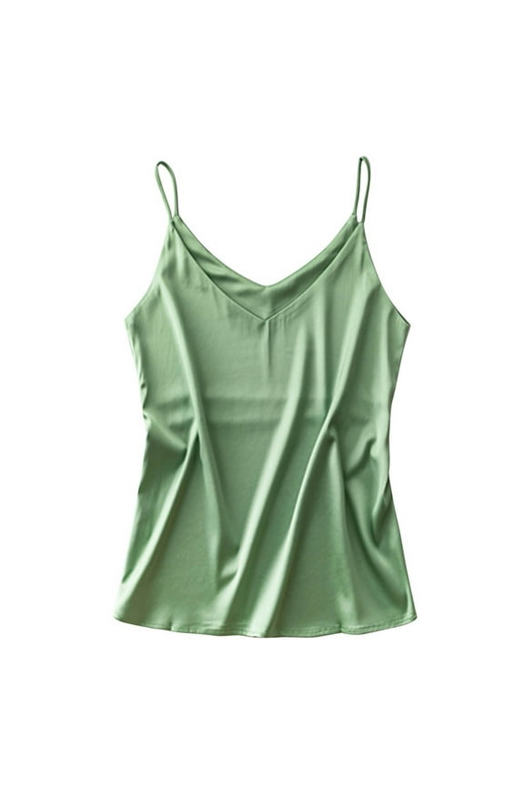 Womens Silk Satin Tank Top V Neck Camisole Cami Spaghetti Strap Top Loose Sleeveless Blouses Tank Shirt