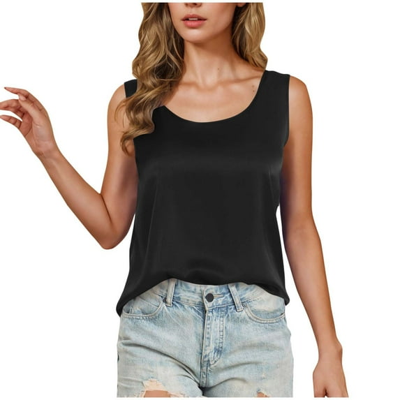 Womens Silk Satin Tank Tops Summer Tank Shirt Round Neck Sleeveless Blouse Camisole