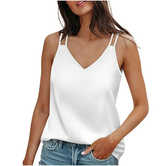 Womens Silk Satin Tank Tops V Neck Camisole Cami Double Spaghetti Strap Top Summer Basic Blouse Solid Shirts