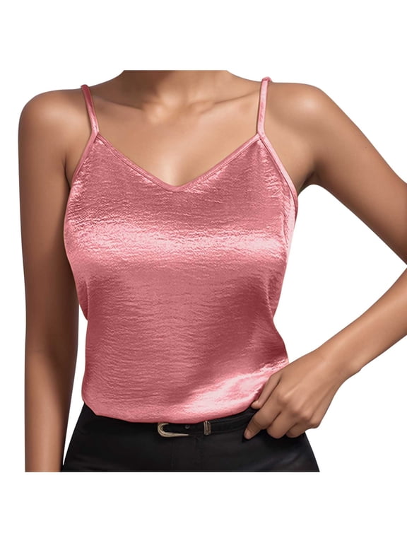 Womens Silk Satin Tank Tops V Neck Casual Cami Sleeveless Camisole Blouses Summer Basic Tank Shirt Pink XL
