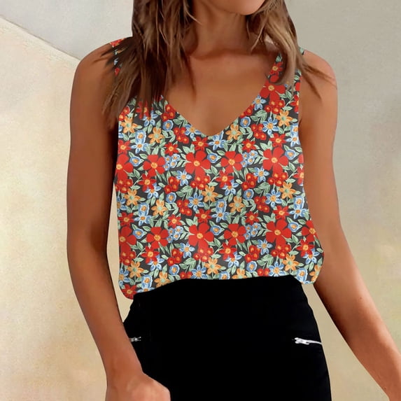 Womens Silk Satin Tank Tops V Neck Casual Floral Cami Sleeveless Camisole Blouses Summer Basic Work Shirt Vermilion L