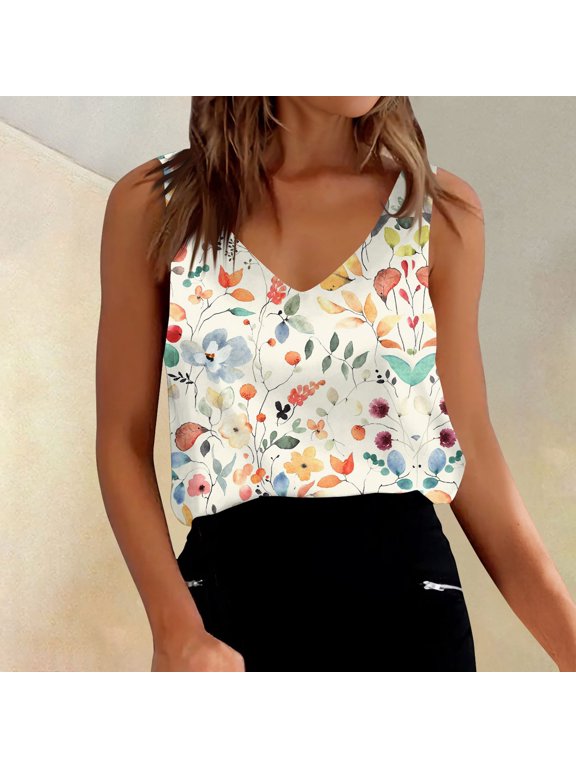Womens Silk Satin Tank Tops V Neck Casual Floral Cami Sleeveless Camisole Blouses Summer Basic Work Shirt Yellow M