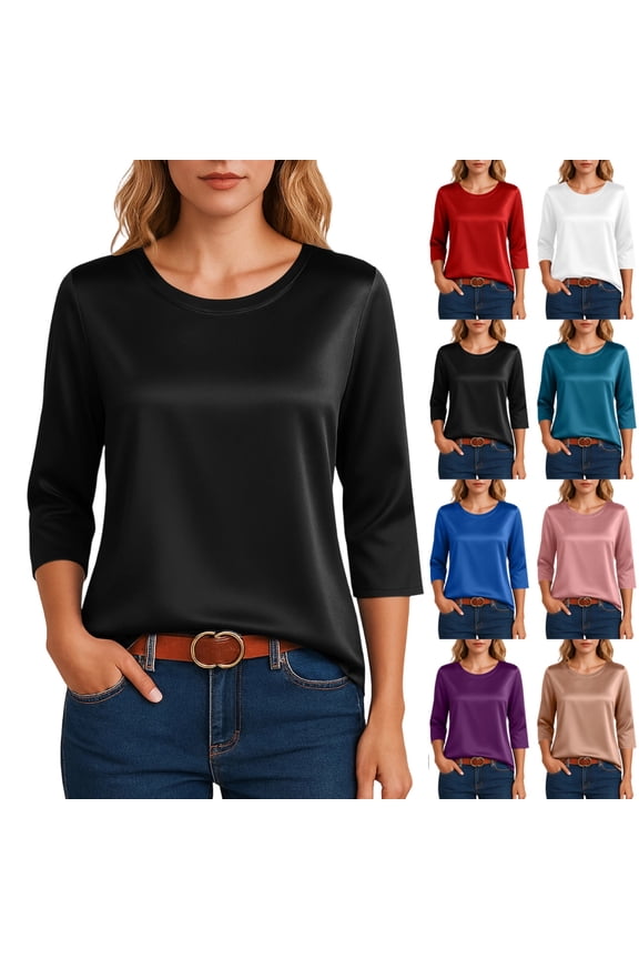 Womens Silk Satin Tops 3/4 Length Sleeve Shirts Round Neck Loose Casual Blouses Business Work Dressy Tshirts Topss, Black XXL