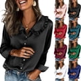 thumbnail image 1 of Womens Silk Satin Tops Ruffle Lapel Collar Button Down Shirts Casual Long Sleeve Business Dressy Luxury Clothes,Black XXL, 1 of 5