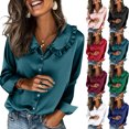 thumbnail image 1 of Womens Silk Satin Tops Ruffle Lapel Collar Button Down Shirts Casual Long Sleeve Business Dressy Luxury Clothes,Cyan L, 1 of 5