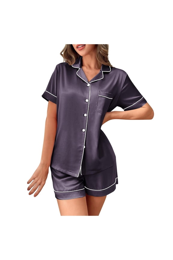 Womens Silk Sleepwear Shorts Set 2 Piece Satin Pajamas Summer Button Down Collared Shirt Shorts Comfy Home Loungewear Dark Gray, XL