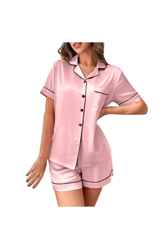 Womens Silk Sleepwear Shorts Set 2 Piece Satin Pajamas Summer Button Down Collared Shirt Shorts Comfy Home Loungewear Hot Pink, M
