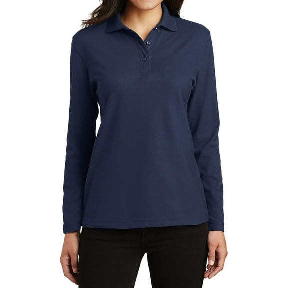 Womens Silk Touch Long Sleeve Cotton/Polyester Polo Shirt Navy x-small