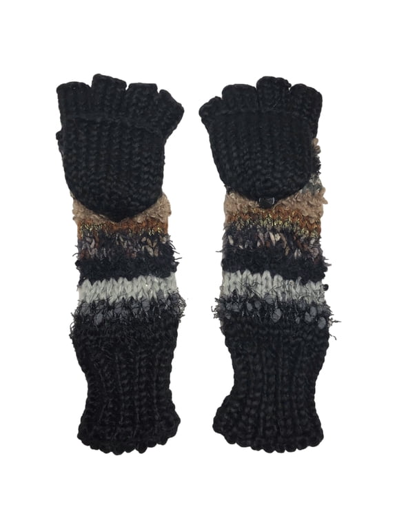 Womens Silky Long Black & Brown Knit Convertible Fingerless Gloves & Mitten Tops