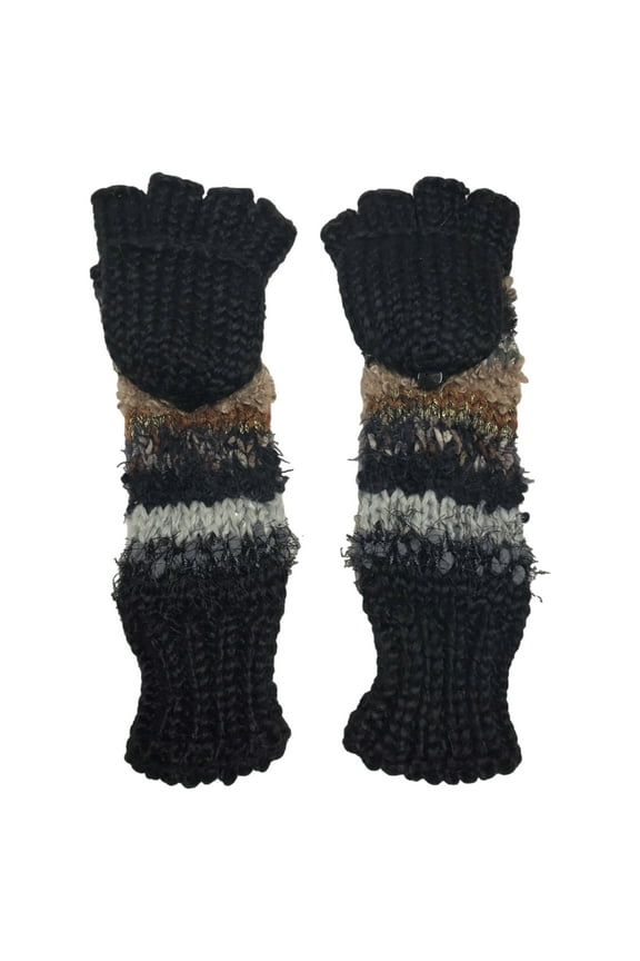 Womens Silky Long Black & Brown Knit Convertible Fingerless Gloves & Mitten Tops