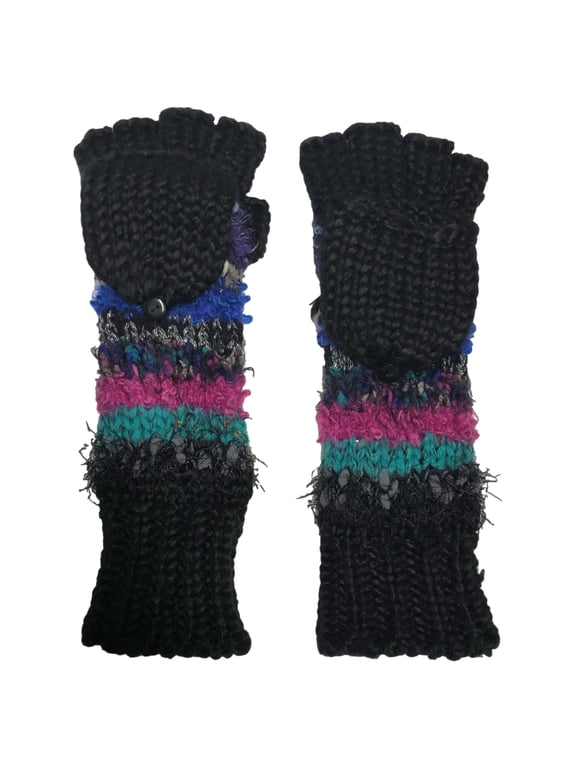 Womens Silky Long Black Purple Knit Convertible Fingerless Gloves & Mitten Tops