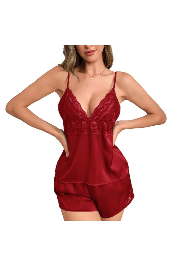 Womens Silky Pajama Sets 2 Piece Soft Comfy Lounge Outfit Crochet Knit Lace Camisole with Matching Sleep Shorts