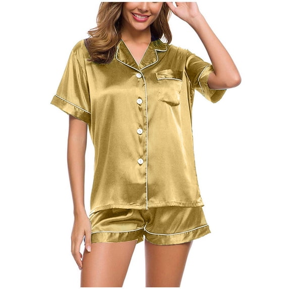 Womens Silky Satin Pajama Set Short Sleeve Shirt with Shorts 2 Piece Sets Soft Silk Sleepwear Button-Down Set