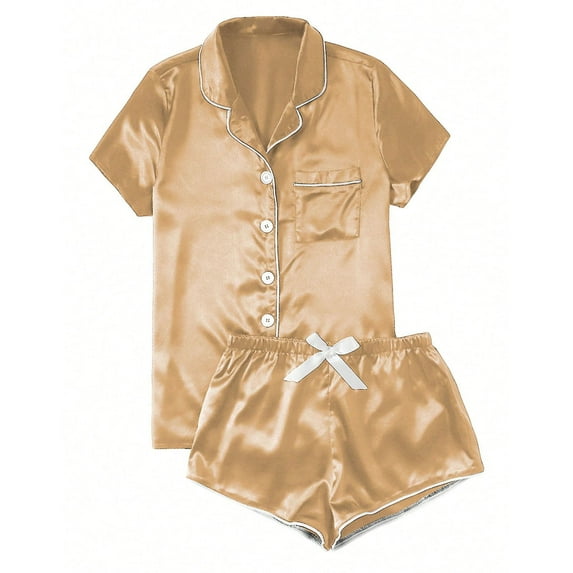 Womens Silky Satin Pajama Set Short Sleeve Shirt with Shorts 2 Piece Sets Soft Silk Sleepwear Button-Down Set